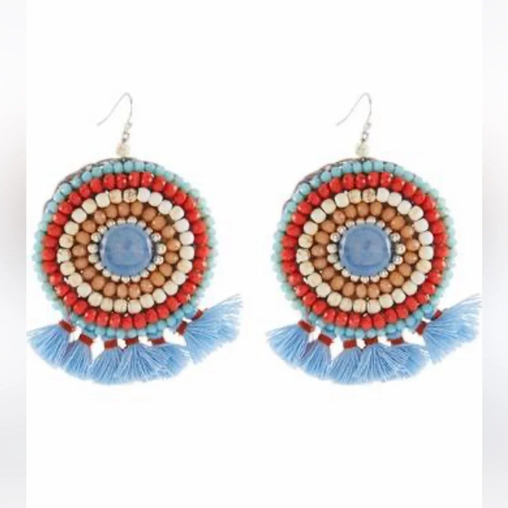 Neiman Marcus Statement Fran Drop Fringe Round Stone Bead Blue Red Cream NWT box - Picture 4 of 15